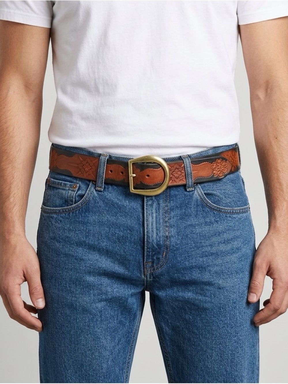 Men's Brown Leather Embossed Belt with Brass Buckle